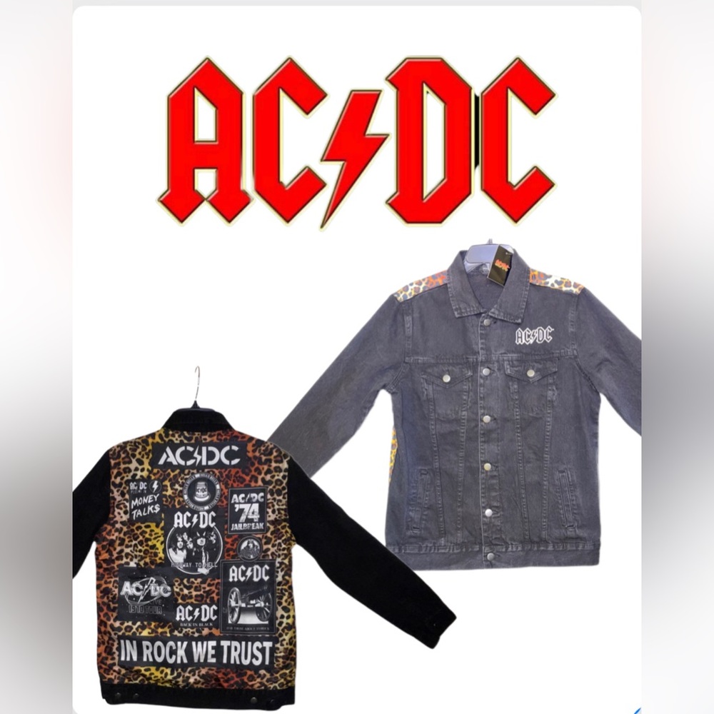 AC/DC Black Denim Leopard Print Jacket Small NWT Album Titles